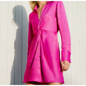 Zara Pink Satin Twist Front Shirt Dress NEW